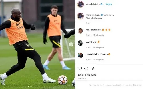 Lukaku en entrenamiento con Chelsea. Instagram.