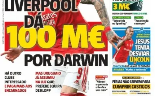 Tapa del diario Récord de Portugal con el interés de Liverpool por Darwin Núñez