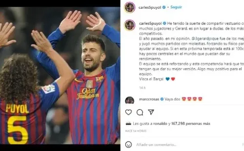 Gran mensaje de Puyol a Piqué. Instagram.