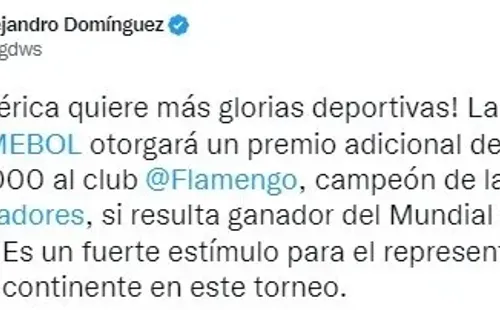 Alejandro Domínguez prometió un premio económico para Flamengo en caso de que sea el campeón del Mundial de Clubes.