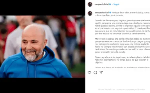 La carta de Jorge Sampaoli en Instagram.