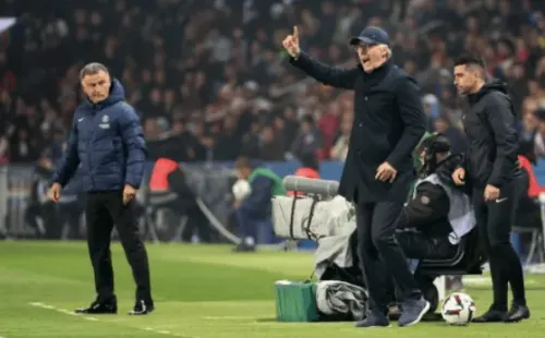 Laurent Blanc y Christophe Galtier durante el PSG vs. Lyon.