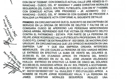 Acta policial de la denuncia contra Felipe Rodríguez. | Créditos: PNP.