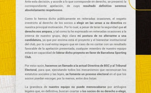 Este fue el comunicado colgado por Rafael Verduga en sus redes sociales aclarando que resignaría su candidatura para que otro tome su lugar y se puedan realizar las elecciones en Barcelona SC. (Foto: @rafaelverduga)