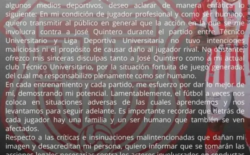 Este fue el comunicado que Luis Ayala compartió en sus redes sociales en referencia a la falta a José Quintero.