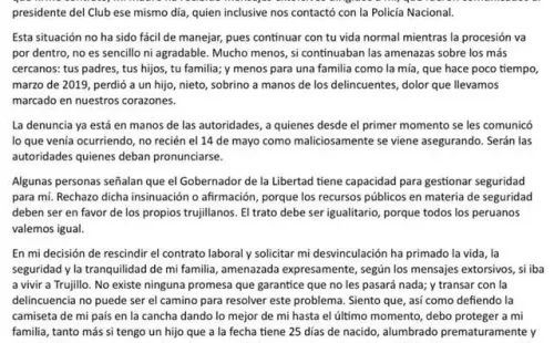 Carta completa de Paolo Guerrero. (Foto: Guerrero Instagram)