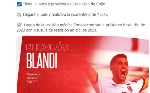 Las redes sociales de Unión de Santa Fe oficializaron a Blandi como nuevo refuerzo. | Foto: Captura.