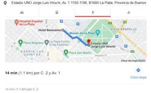 El Hotel Benevento está literalmente a pasos del estadio donde jugará el Cacique. | Foto: Captura Google Maps.