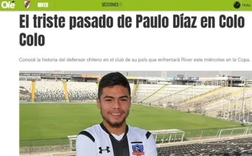 La publicación del diario Olé recordando el paso de Paulo Díaz por Colo Colo.
