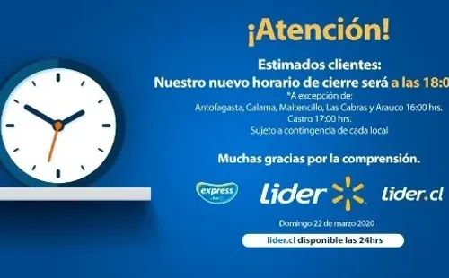 Líder anuncia su cierre a las 18:00 horas salvo algunas excepciones que lo harán más temprano.