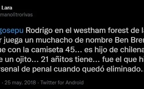 En 2018 avisaron en Twitter que un tan Ben Brereton jugaba en Inglaterra y era chileno.