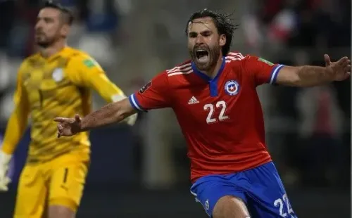 SANTIAGO, CHILE - OCTOBER 10: Ben Brereton of Chile celebrates after scoring the opening goal during a match between Chile and Paraguay as part of South American Qualifiers for Qatar 2022 at Estadio San Carlos de Apoquindo on October 10, 2021 in Santiago, Chile. (Photo by Esteban Felix - Pool/Getty Images)-Not Released (NR)
