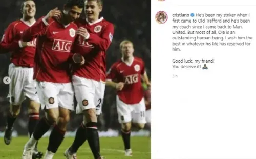 La dedicatoria de Cristiano Ronaldo a Ole Gunnar Solskjaer en Instagram.