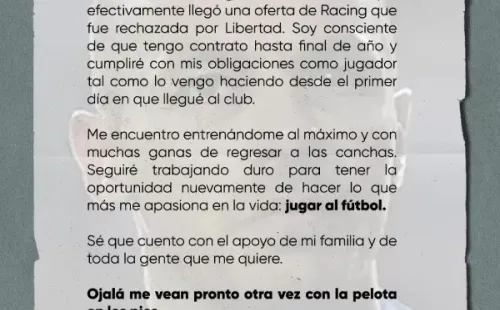 La carta de Marcelo Díaz aclarando su futuro.