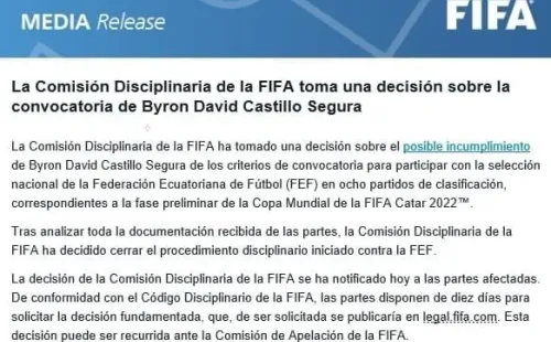 El comunicado de la FIFA sobre el fallo del caso Byron Castillo.