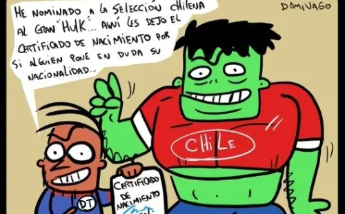 Humorista gráfico nomina a Hulk a la Roja con certificado de nacimiento en mano a propósito del fallo de la FIFA por Byron Castillo en Ecuador.