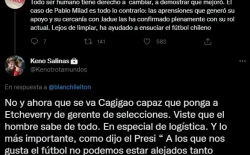 Keno Salinas sigue furioso con Etcheverry y suma dardos a Pablo Milad.
