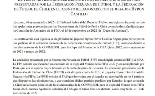 El comunicado del TAS: recibió la apelación de la FFCh y la FPF contra Byron Castillo. La selección chilena quema el último cartucho para meterse en el Mundial de Qatar 2022.