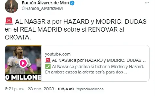 Tuit del periodista de Marca, Ramón Álvarez de Mon. (Twitter)