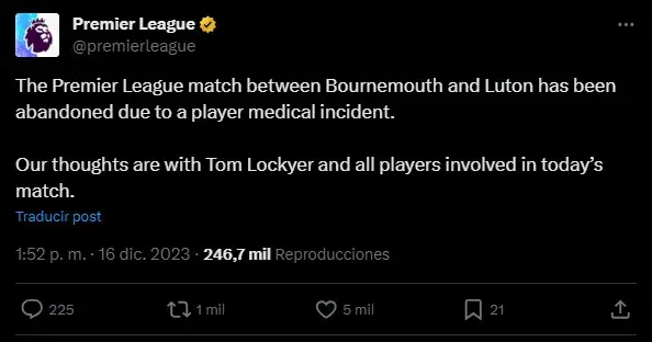 La Premier League hace oficial la suspensión del encuentro.