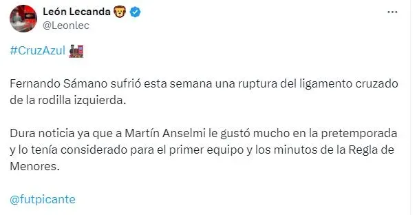 Fernando Sámano se perderá el Apertura 2024 con Cruz Azul (X)