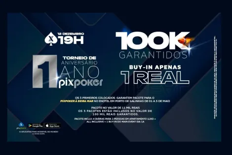 PixPoker celebra 1º Aniversário com 100K por R$ 1 e semana de torneios