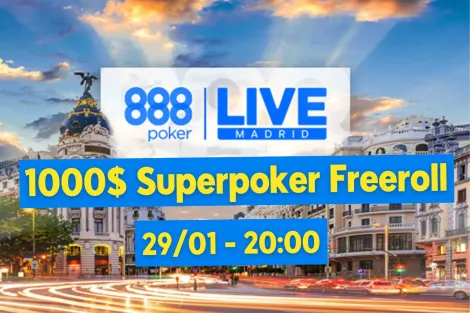 Freeroll especial de 888poker LIVE Madrid tem US$ 1.000 garantidos segunda-feira