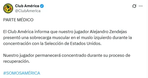 Desde Coapa señalaron que Alejandro Zendejas puede ser baja ante Cruz Azul. (@ClubAmerica)