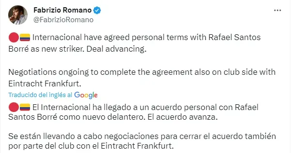 Tuit de Fabrizio Romano.