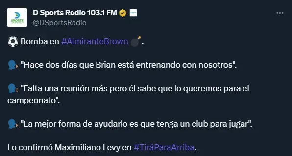 Brian Fernández, cerca de volver a jugar en el Ascenso (Twitter @DSportsRadio).