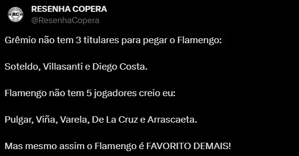 Torcedor do Grêmio opinando sobre jogos sem Soteldo e outros desfalques. Foto: Reprodução/ Twitter