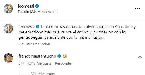 Franco Mastantuono reaccionó a un posteo de Lionel Messi en el Estadio Monumental tras la goleada de la Selección Argentina ante Bolivia por las Eliminatorias 2026 (FOTO: Instagram @leomessi).