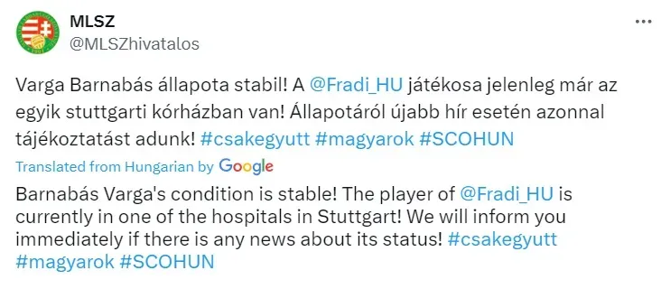 Hungarian soccer federation confirms the condition of striker Barnabas Varga