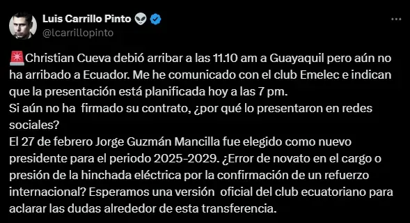 Luis Carrillo Pinto advirtió que Cueva no viajó a Ecuador (Foto: X).