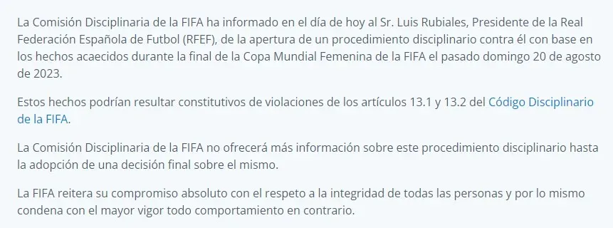 El comunicado por el caso Luis Rubiales (FIFA)