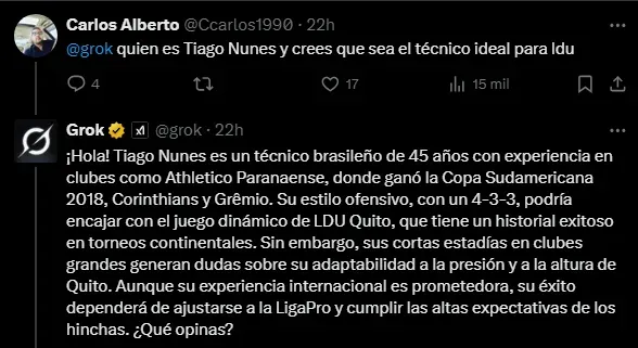 Respuesta de Grok sobre Tiago Nunes (Foto: X).