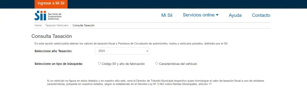 Consulta la tasación de tu vehículo en el SII a través del “código SII y año de fabricación” o a través de las “Características del vehículo”.