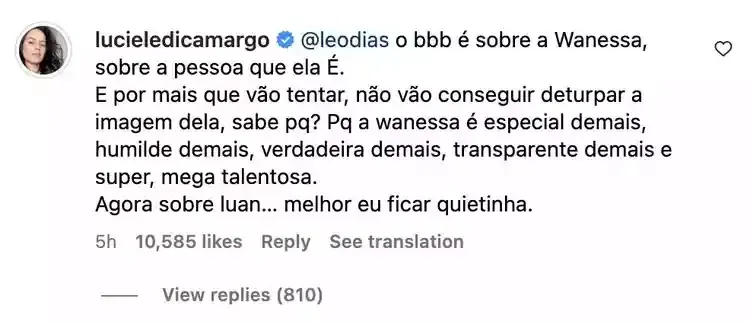 Luciele Camargo rebate falas de Luana Piovani contra Wanessa. Reprodução: Instagram/Luciele Camargo.
