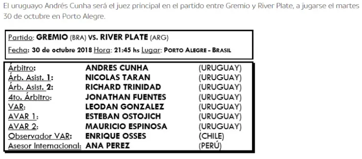 La terna arbitral de Gremio-River. (Captura: CONMEBOL)