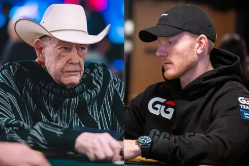 (fotos: PokerNews) Doyle Brunson economizou fichas contra Jason Koon na WSOP
