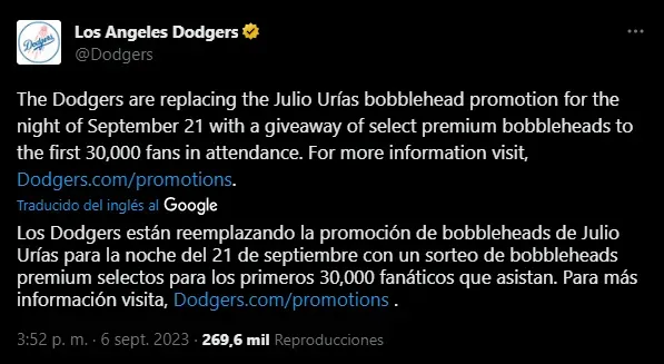 Anuncio de Dodgers sobre Urías (Foto: X / @Dodgers)