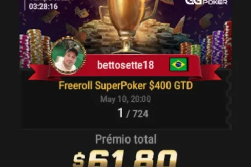 "bettosette18" ficou com o título do Freeroll SuperPoker
