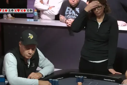 Ron Fetsch colocou tudo no meio, enquanto Shannon Fahey pareceu não acreditar (Reprodução/Youtube PokerGO)
