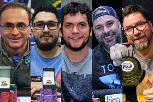 Oderlândio Moura, Andrew Zeus, Jordan Piva, Kadu Campion e Chris Porás, campeões da WSOP Brazil
