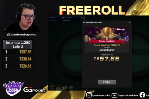 Momento em que "withholding tax" confirma o título do Freeroll SuperPoker
