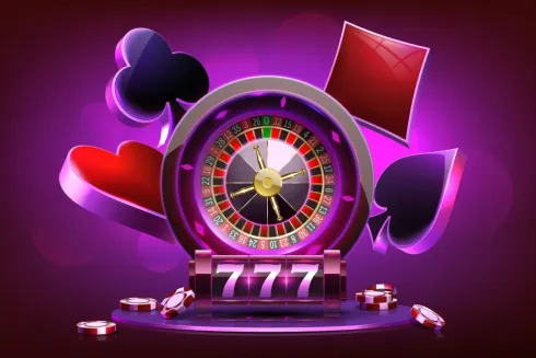 Casino illustration. Gambling vector design with neon lights. Slot machine, casino Roulette, poker chips and playing cards. Game design, flyer, poster, banner, advertisement.
