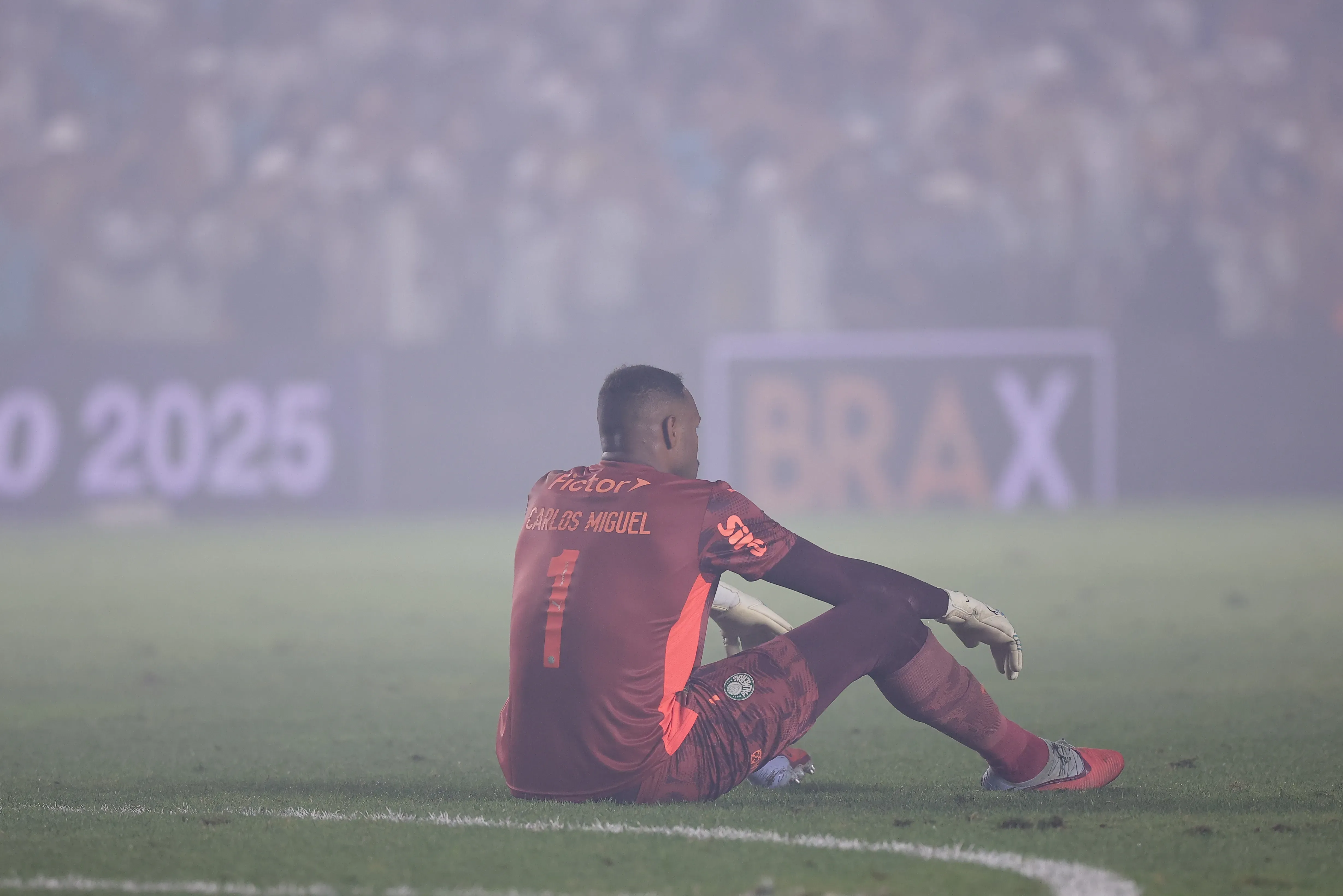Carlos Miguel jogador do Palmeiras lamenta durante partida contra o Santos no estadio Vila Belmiro pelo campeonato Brasileiro A 2025. Foto: Ettore Chiereguini/AGIF