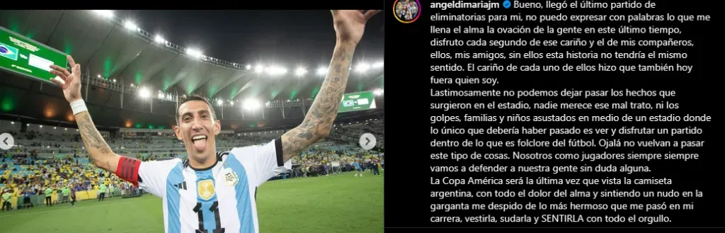 El posteo de Di María en Instagram tras vencer a Brasil.