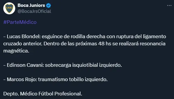 El parte médico de los lesionados de Boca (Twitter @BocaJrsOficial).