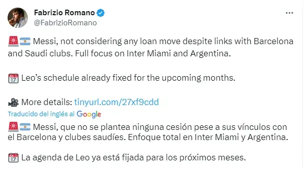 Tuit de Fabrizio Romano sobre el futuro de Lionel Messi.